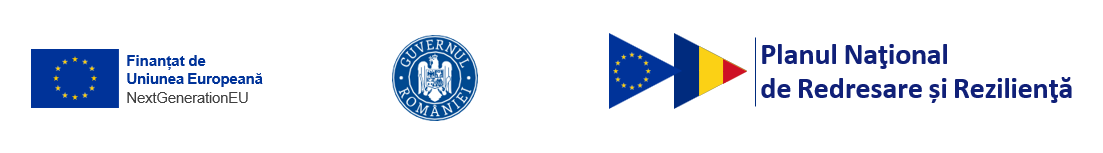 Antet cu logo-urile Uniunii Europene, Guvernului Romaniei și Planului National de Redresare si Rezilienta